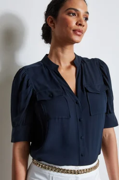 Elie Tahari Tops & Sweaters-Short Sleeve Silk Utility Shirt STARGAZER