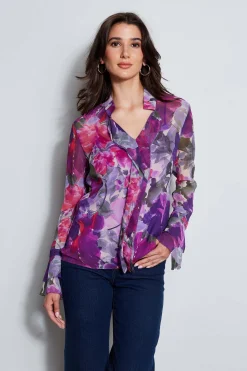 Elie Tahari Tops & Sweaters-Silk Chiffon Tossed Floral Ruffle Shirt MULTI