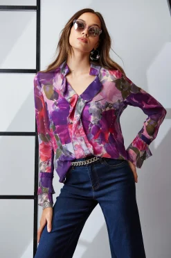 Elie Tahari Tops & Sweaters-Silk Chiffon Tossed Floral Ruffle Shirt MULTI