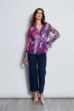 Elie Tahari Tops & Sweaters-Silk Chiffon Tossed Floral Ruffle Shirt MULTI