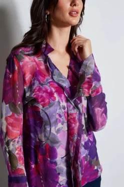 Elie Tahari Tops & Sweaters-Silk Chiffon Tossed Floral Ruffle Shirt MULTI