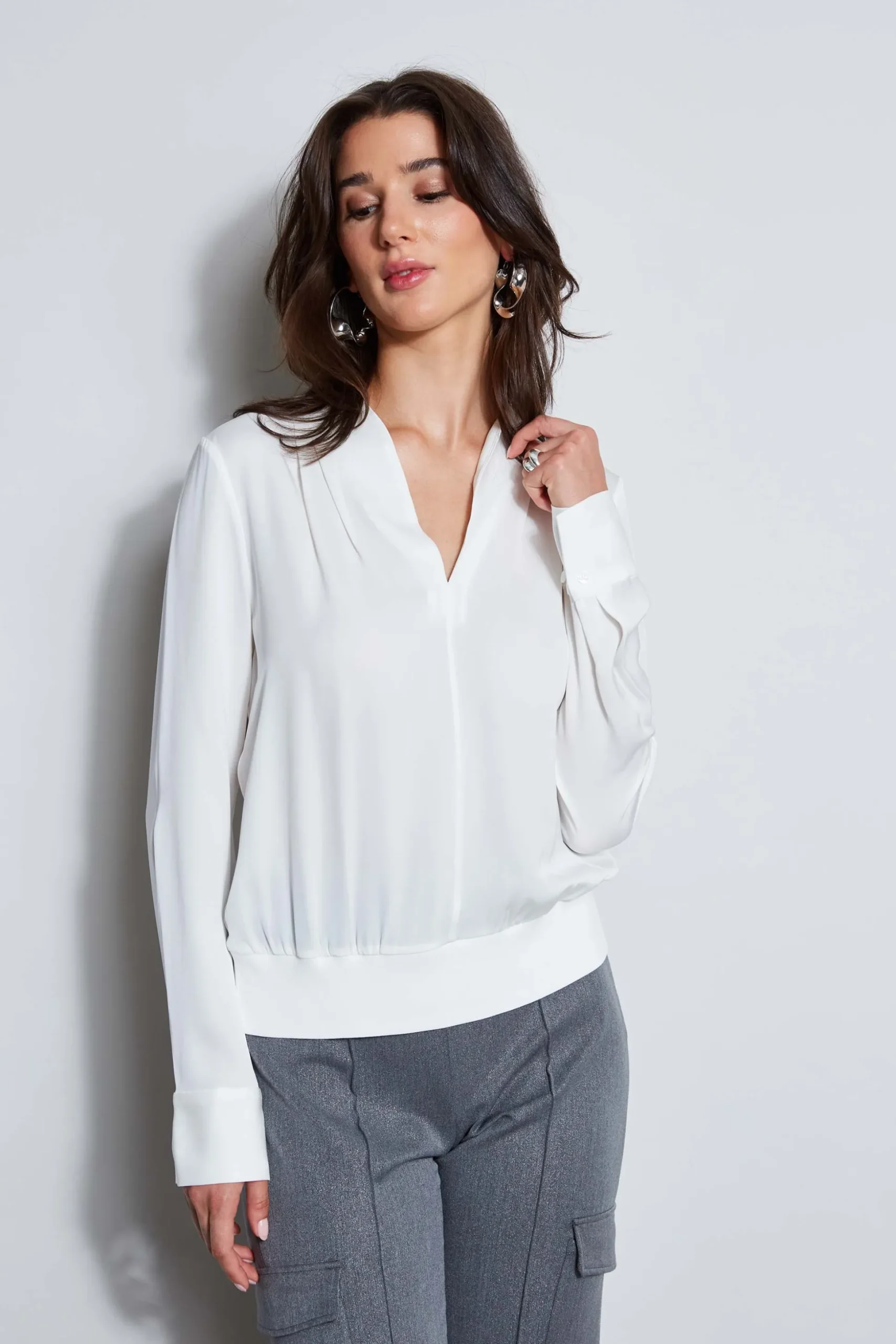 Elie Tahari Tops & Sweaters-Silk Contour Neck Rib Trim Shirt FRESHPEARL