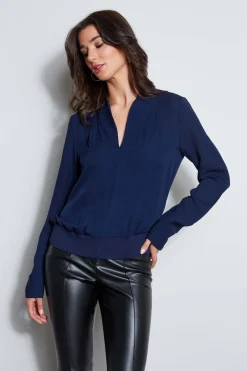 Elie Tahari Tops & Sweaters-Silk Contour Neck Rib Trim Shirt GALAXYNAVY