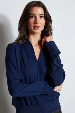 Elie Tahari Tops & Sweaters-Silk Contour Neck Rib Trim Shirt GALAXYNAVY