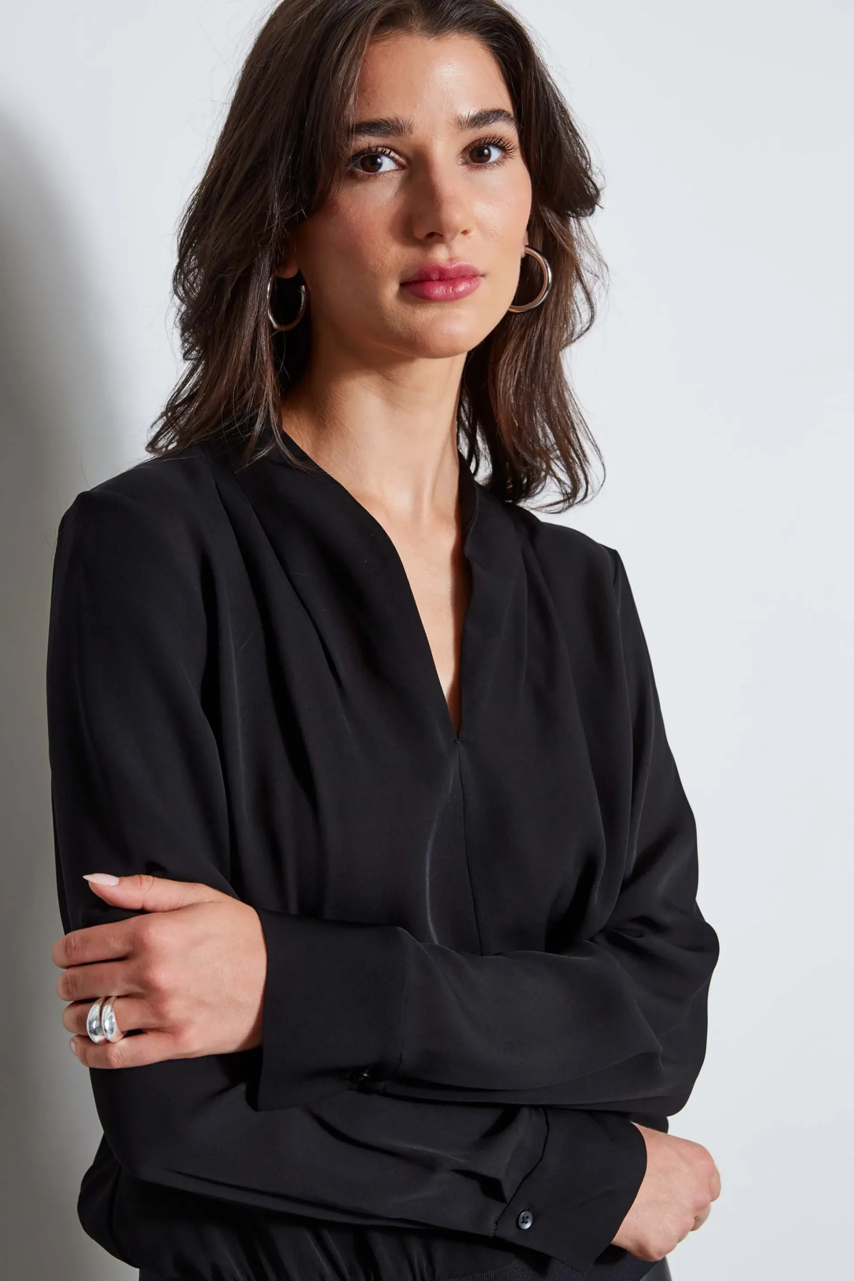 Elie Tahari Tops & Sweaters-Silk Contour Neck Rib Trim Shirt BLACK