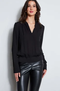 Elie Tahari Tops & Sweaters-Silk Contour Neck Rib Trim Shirt BLACK
