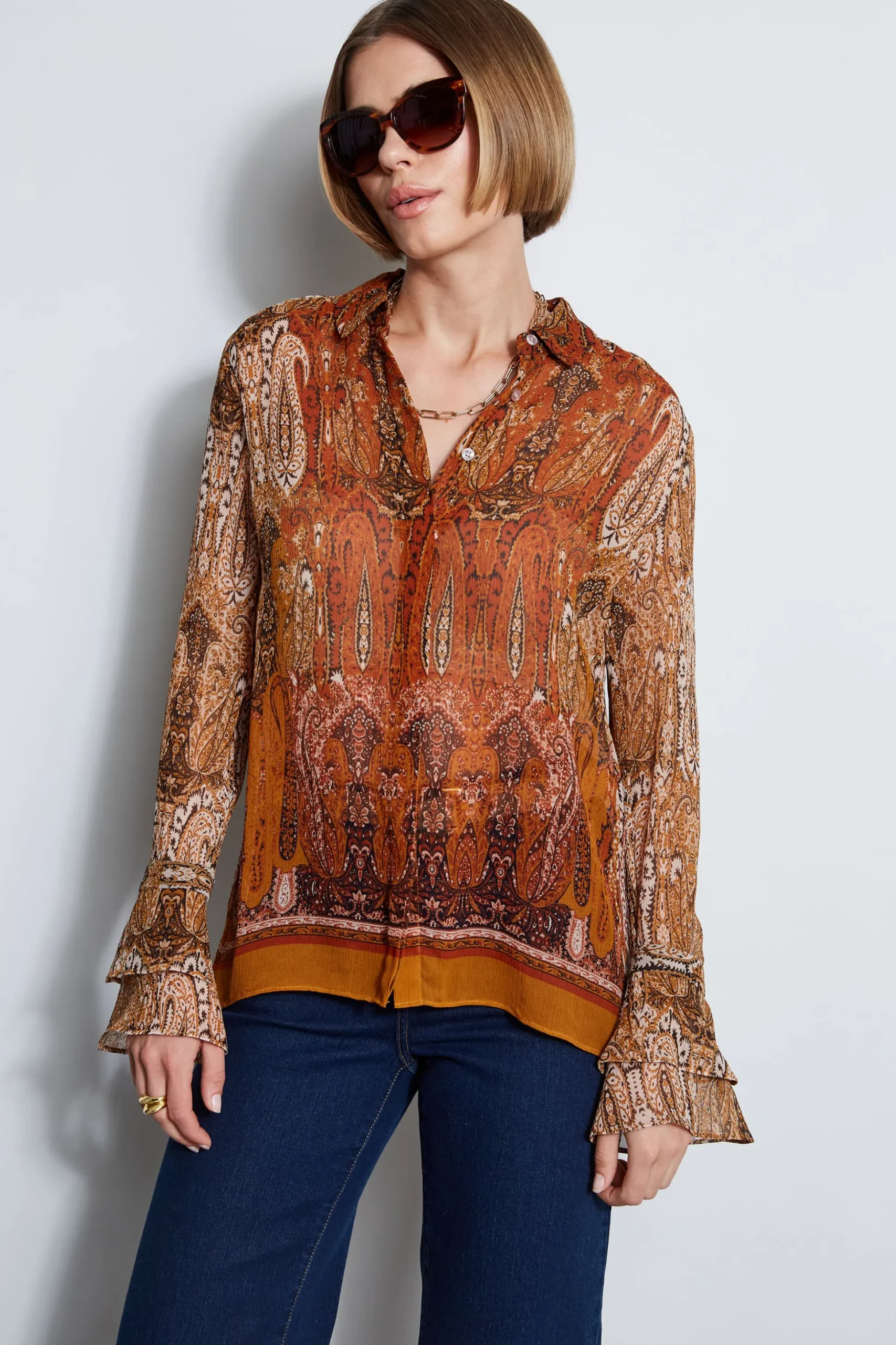 Elie Tahari Tops & Sweaters-Silk Crinkle Chiffon Raj Paisley Shirt MULTI