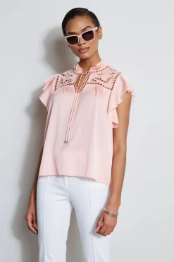 Elie Tahari Tops & Sweaters-Silk Embroidered Flutter Sleeve Shirt PINKFIZZ