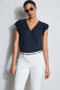 Elie Tahari Tops & Sweaters-Silk Flutter Sleeve Embroidered Shirt STARGAZER