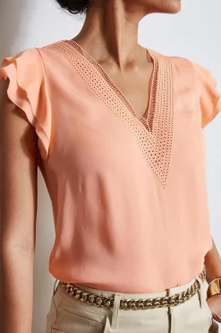 Elie Tahari Tops & Sweaters-Silk Flutter Sleeve Embroidered Shirt TANGERINE