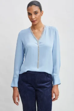 Elie Tahari Tops & Sweaters-Silk Long Sleeve Chain Shirt SKYBLUE