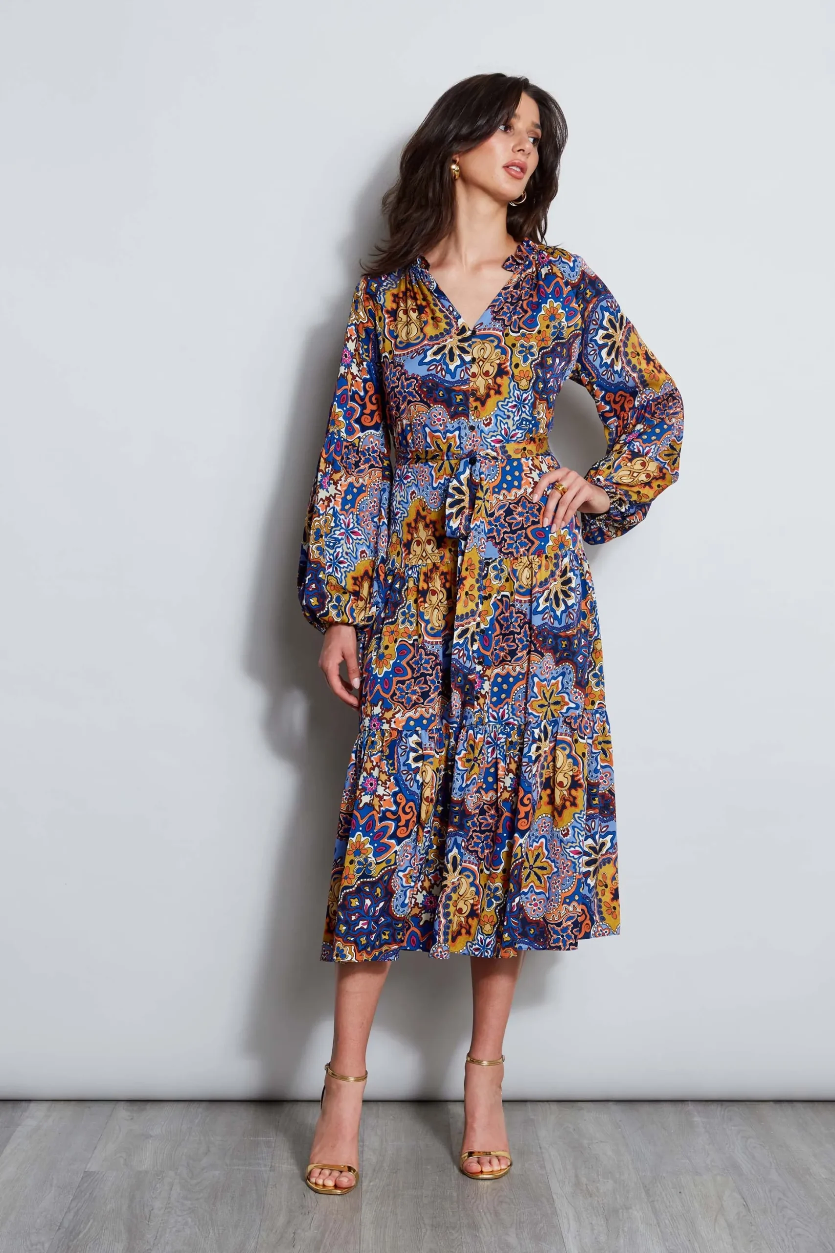 Elie Tahari Dresses & Jumpsuits|Long Sleeve Dresses-Silk Night Garden Midi Dress NIGHTGARDENPRINT