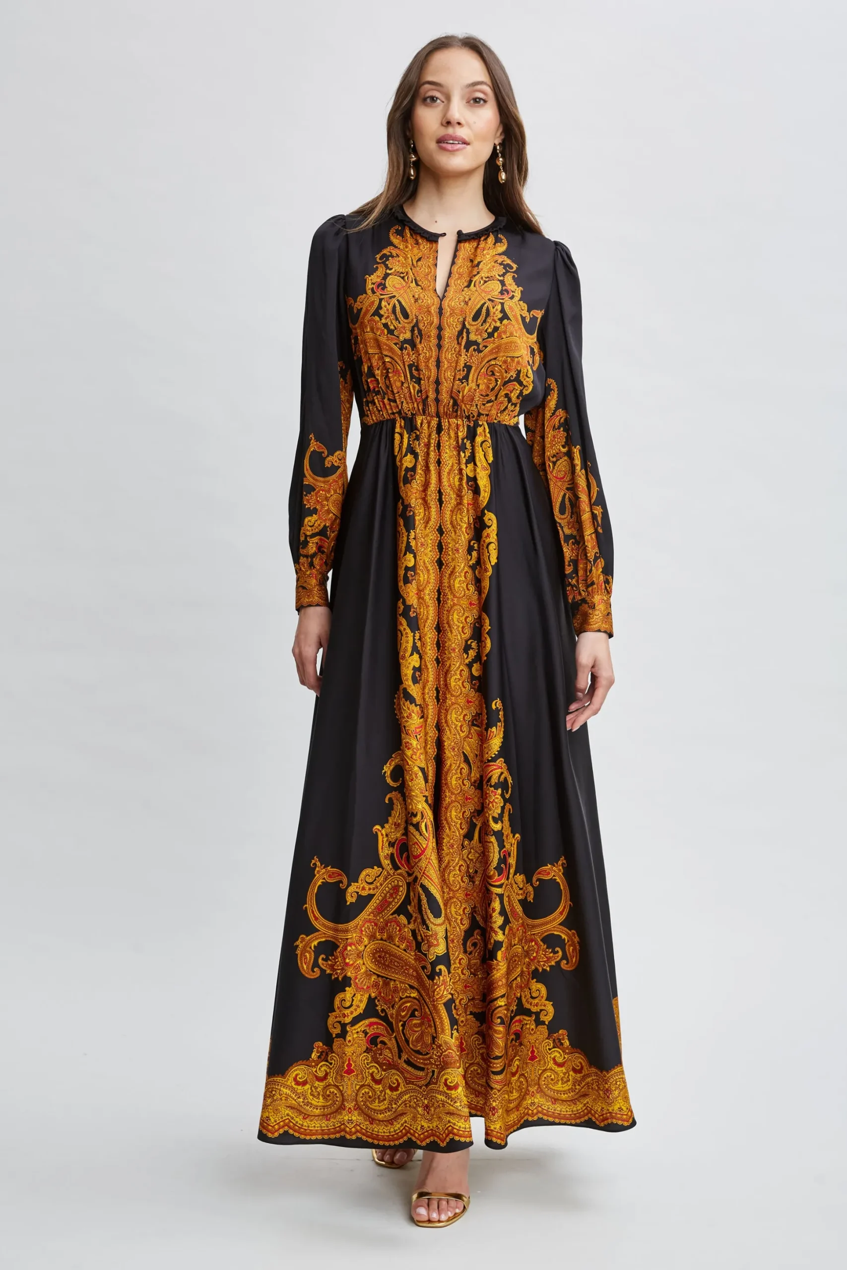 Elie Tahari Long Sleeve Dresses|Dresses & Jumpsuits-Silk Paisley Maxi Dress GILDEDDREAMPRINT