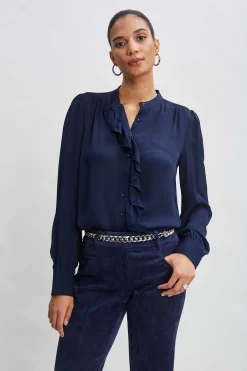 Elie Tahari Tops & Sweaters|Suiting-Silk Ruffle Button Down Shirt MIDNIGHT