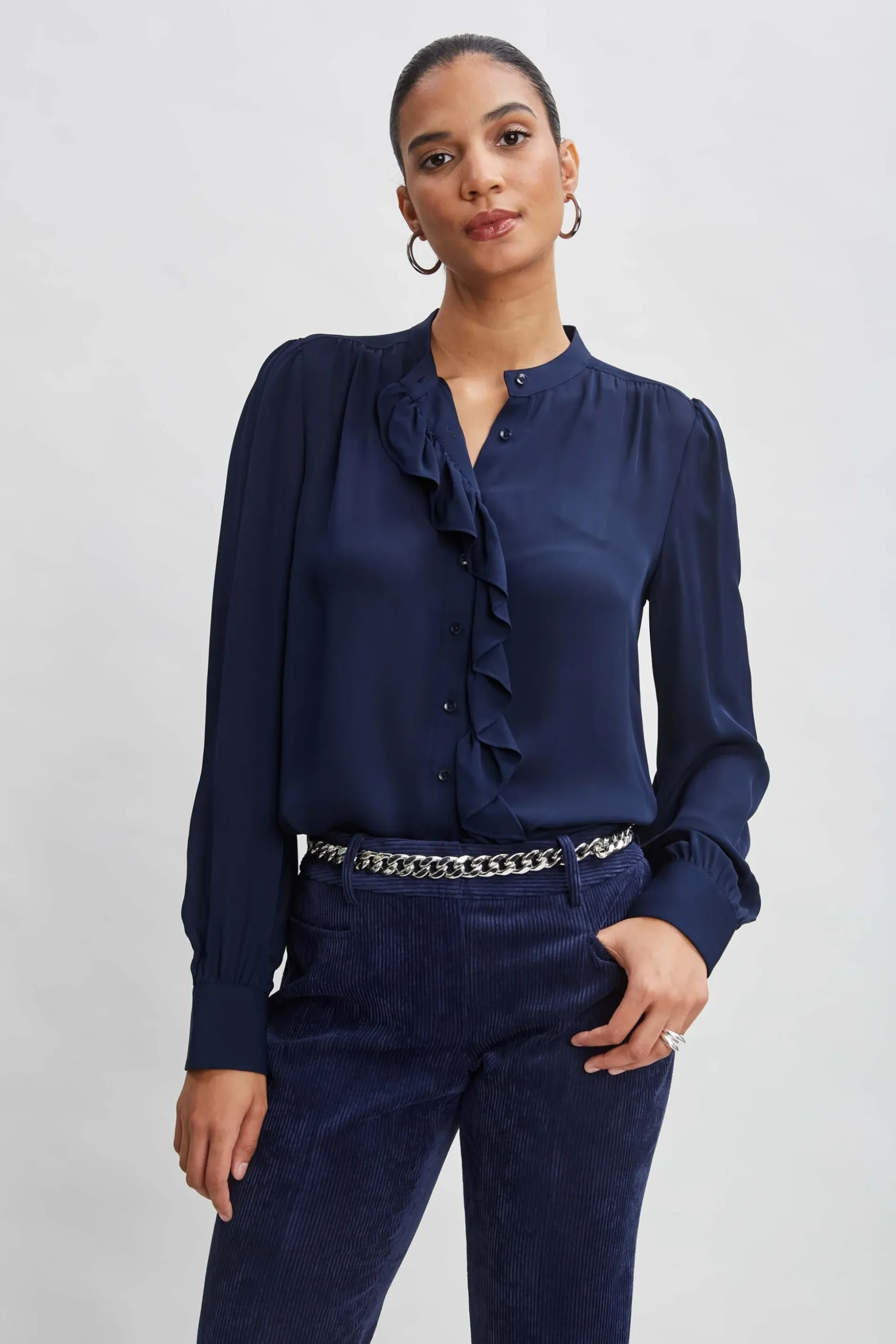 Elie Tahari Tops & Sweaters|Suiting-Silk Ruffle Button Down Shirt MIDNIGHT