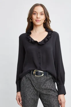 Elie Tahari Tops & Sweaters-Silk Ruffle Neck Shirt BLACK