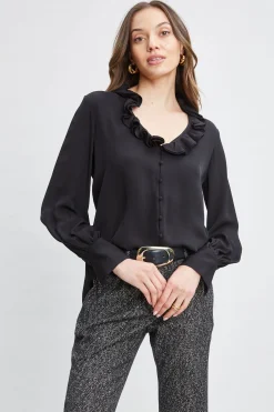 Elie Tahari Tops & Sweaters-Silk Ruffle Neck Shirt BLACK