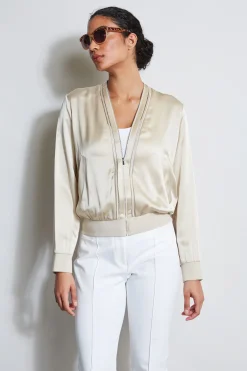 Elie Tahari Jackets & Blazers-Silk Satin Bomber Jacket DRIFTWOOD