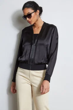 Elie Tahari Jackets & Blazers-Silk Satin Bomber Jacket BLACK