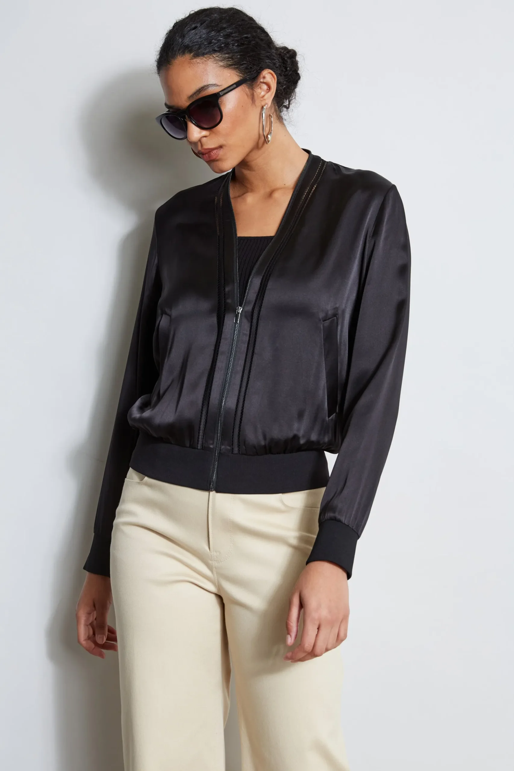Elie Tahari Jackets & Blazers-Silk Satin Bomber Jacket BLACK