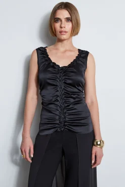 Elie Tahari Tops & Sweaters-Silk Satin Braid Ruched Top BLACK