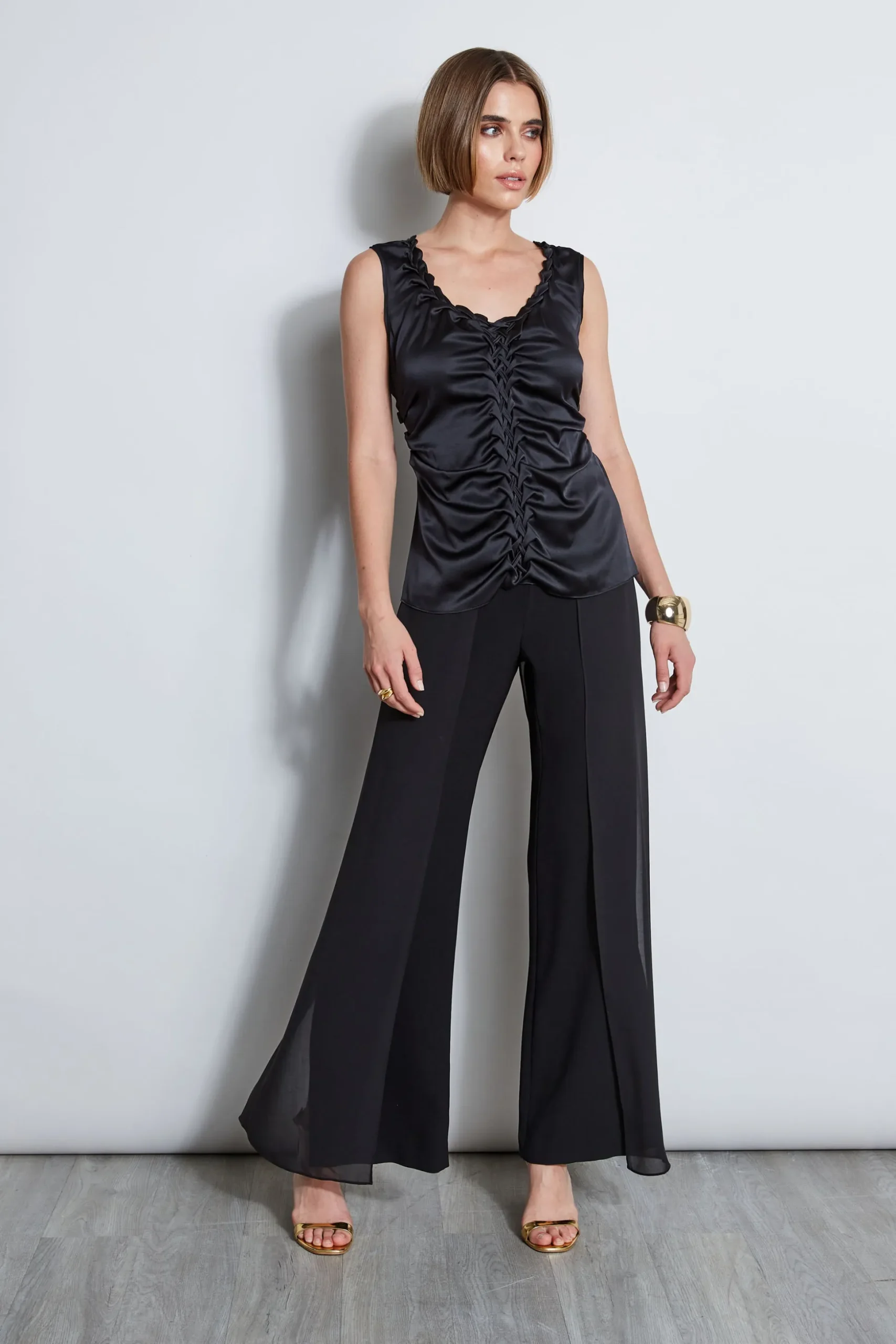 Elie Tahari Tops & Sweaters-Silk Satin Braid Ruched Top BLACK