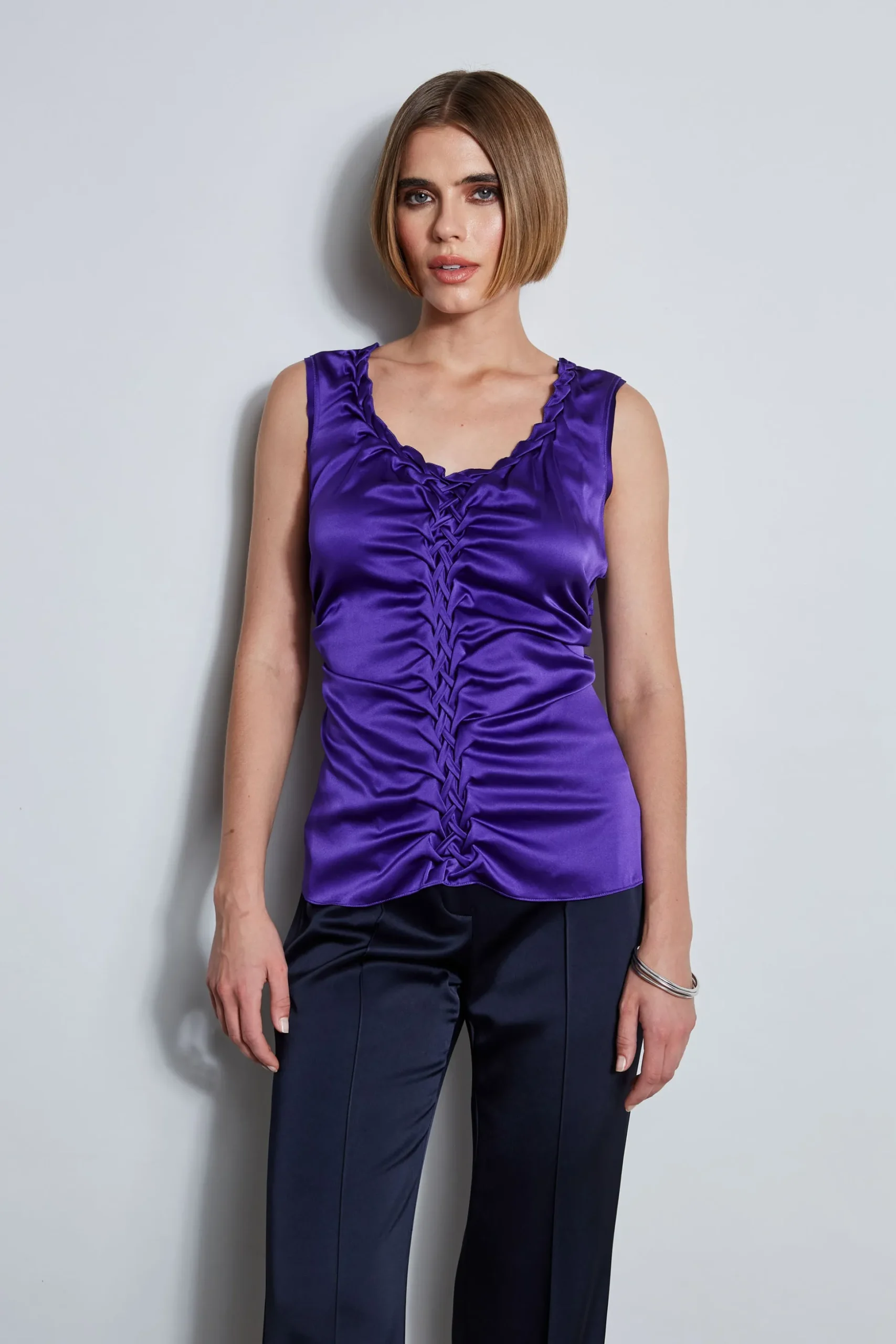 Elie Tahari Tops & Sweaters-Silk Satin Braid Ruched Top GRAPE