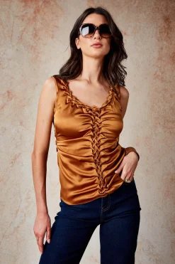 Elie Tahari Tops & Sweaters-Silk Satin Braid Ruched Top COPPER