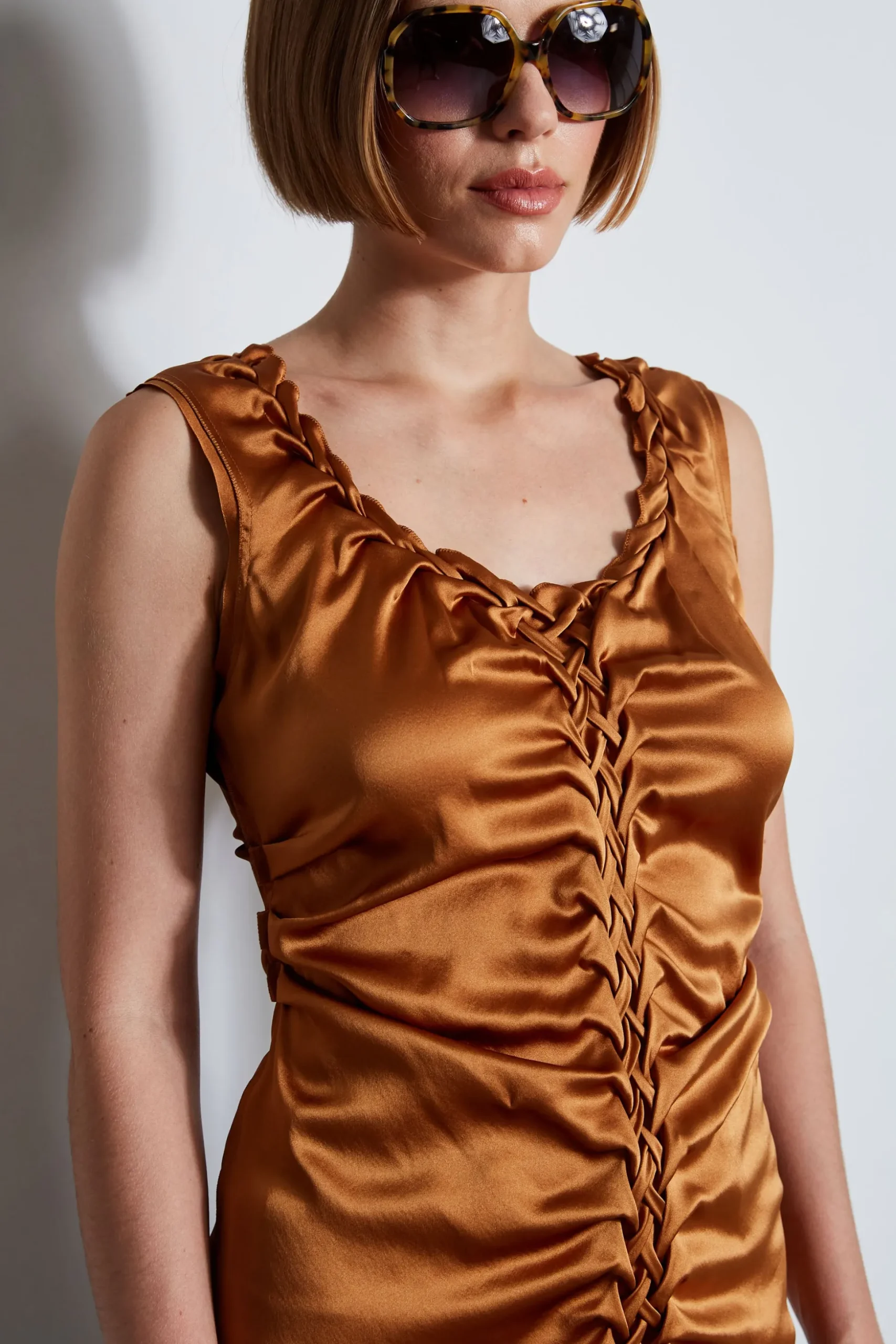 Elie Tahari Tops & Sweaters-Silk Satin Braid Ruched Top COPPER
