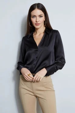 Elie Tahari Tops & Sweaters-Silk Satin Button Down Shirt BLACK