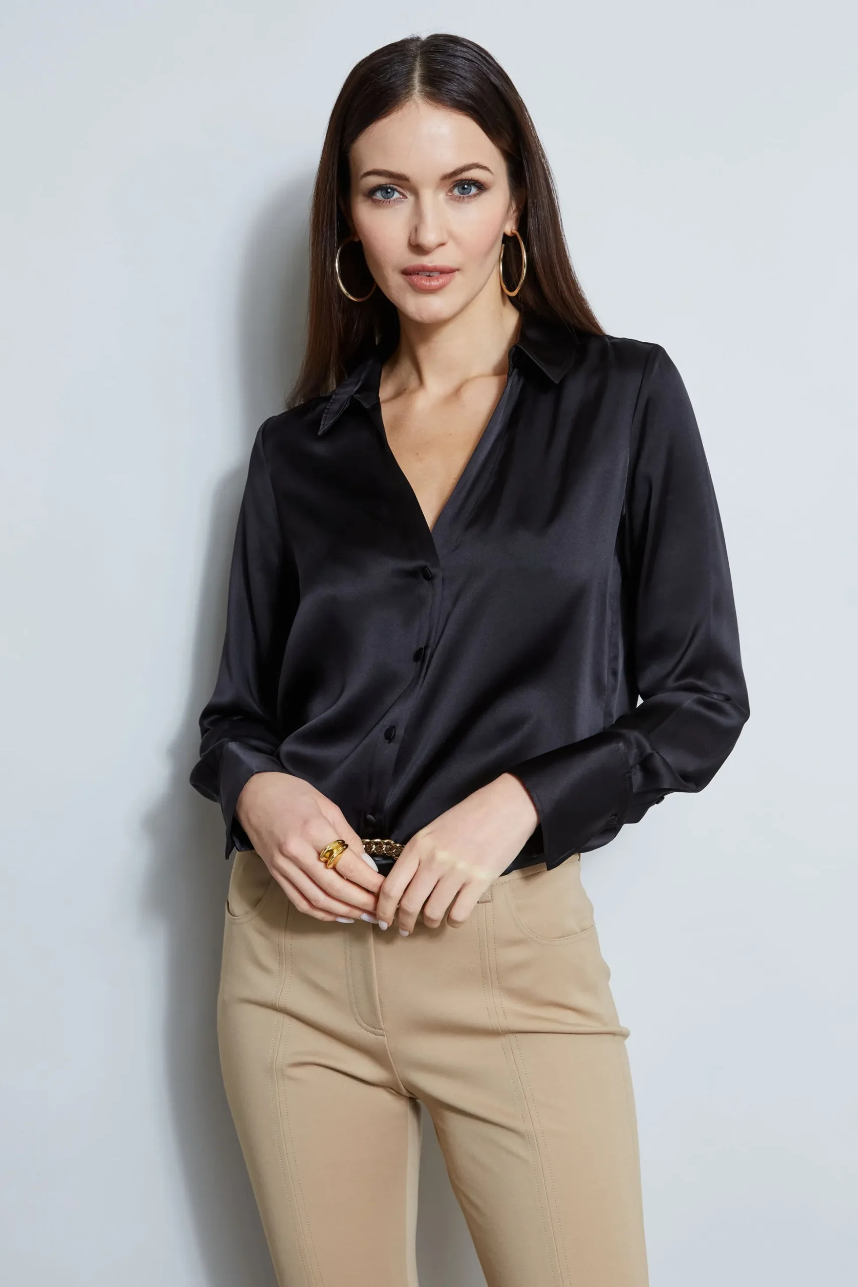 Elie Tahari Tops & Sweaters-Silk Satin Button Down Shirt BLACK