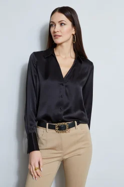 Elie Tahari Tops & Sweaters-Silk Satin Button Down Shirt BLACK