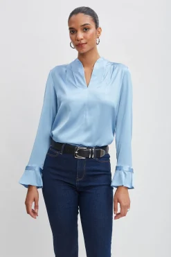 Elie Tahari Tops & Sweaters-Silk Satin Contour Neck Ruffle Cuff Shirt SKYBLUE