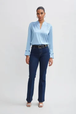 Elie Tahari Tops & Sweaters-Silk Satin Contour Neck Ruffle Cuff Shirt SKYBLUE