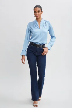 Elie Tahari Tops & Sweaters-Silk Satin Contour Neck Ruffle Cuff Shirt SKYBLUE