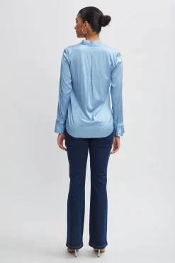 Elie Tahari Tops & Sweaters-Silk Satin Contour Neck Ruffle Cuff Shirt SKYBLUE