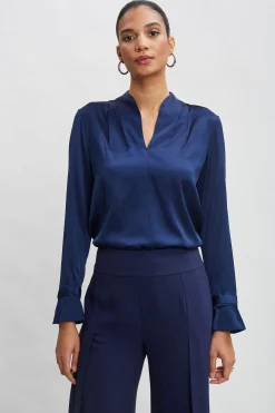 Elie Tahari Tops & Sweaters-Silk Satin Contour Neck Ruffle Cuff Shirt MIDNIGHT