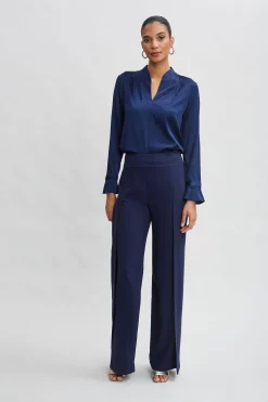 Elie Tahari Tops & Sweaters-Silk Satin Contour Neck Ruffle Cuff Shirt MIDNIGHT