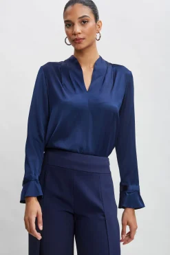 Elie Tahari Tops & Sweaters-Silk Satin Contour Neck Ruffle Cuff Shirt MIDNIGHT