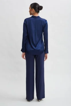 Elie Tahari Tops & Sweaters-Silk Satin Contour Neck Ruffle Cuff Shirt MIDNIGHT