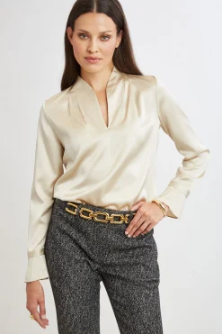 Elie Tahari Tops & Sweaters|Suiting-Silk Satin Contour Neck Ruffle Cuff Shirt DRIFTWOOD