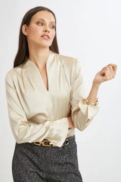 Elie Tahari Tops & Sweaters|Suiting-Silk Satin Contour Neck Ruffle Cuff Shirt DRIFTWOOD