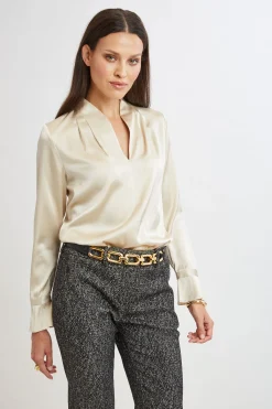 Elie Tahari Tops & Sweaters|Suiting-Silk Satin Contour Neck Ruffle Cuff Shirt DRIFTWOOD
