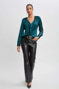 Elie Tahari Tops & Sweaters-Silk Satin Contour Ruffle Shirt FORESTGREEN