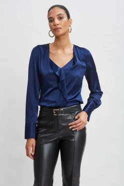 Elie Tahari Tops & Sweaters-Silk Satin Contour Ruffle Shirt MIDNIGHT