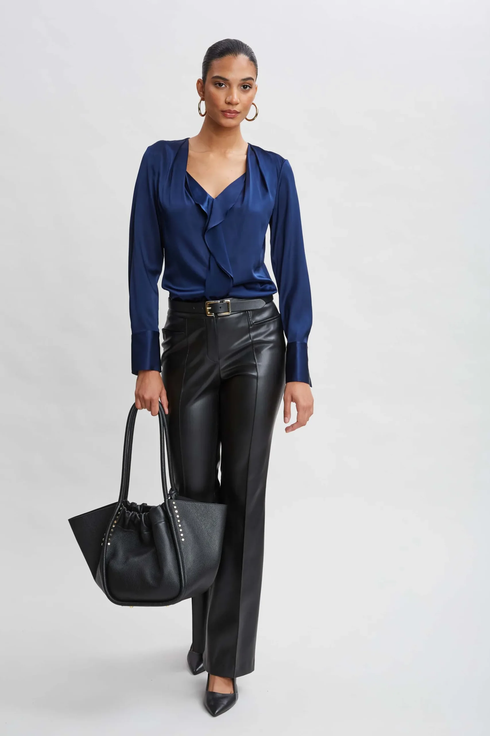 Elie Tahari Tops & Sweaters-Silk Satin Contour Ruffle Shirt MIDNIGHT