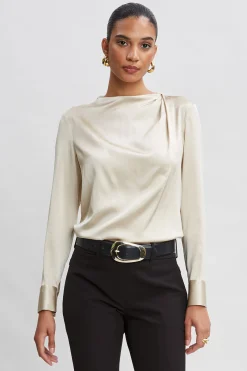 Elie Tahari Tops & Sweaters-Silk Satin Draped Neck Shirt DRIFTWOOD