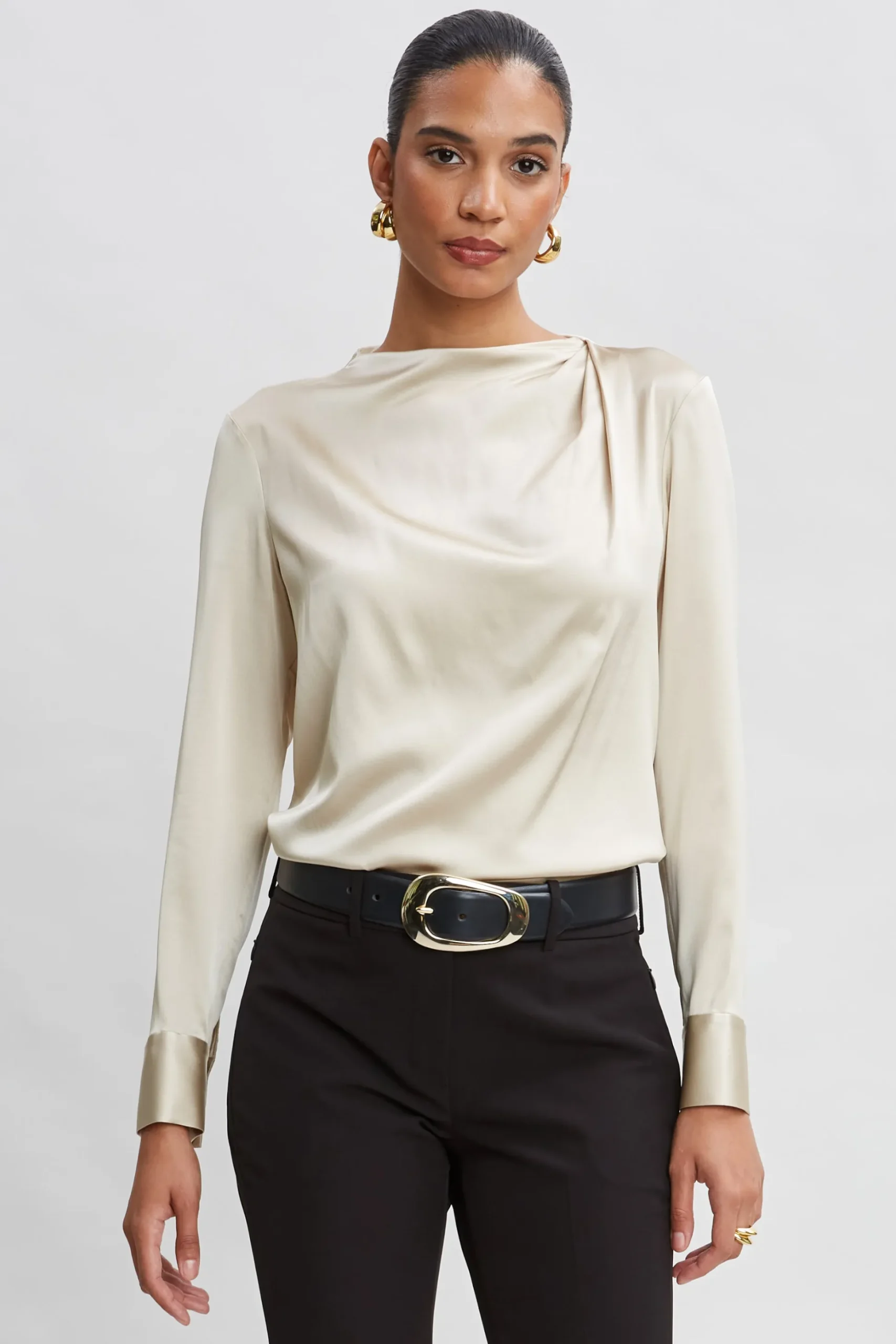 Elie Tahari Tops & Sweaters-Silk Satin Draped Neck Shirt DRIFTWOOD