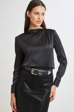 Elie Tahari Tops & Sweaters-Silk Satin Draped Neck Shirt BLACK