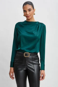 Elie Tahari Tops & Sweaters-Silk Satin Draped Neck Shirt FORESTGREEN